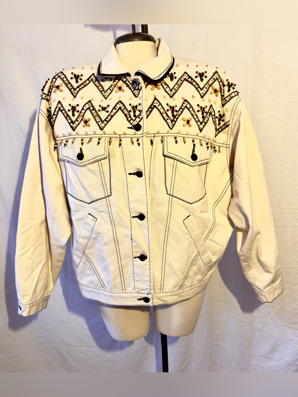 Vintage Carole Little Sport Beaded Cream Denim Jacket Size 10
